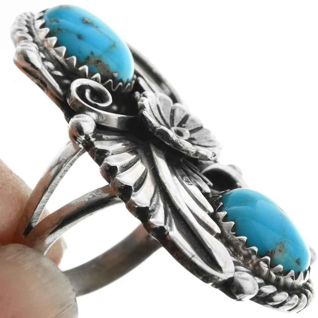 Bague navajo en argent sterling avec deux turquoises Kingman naturelles