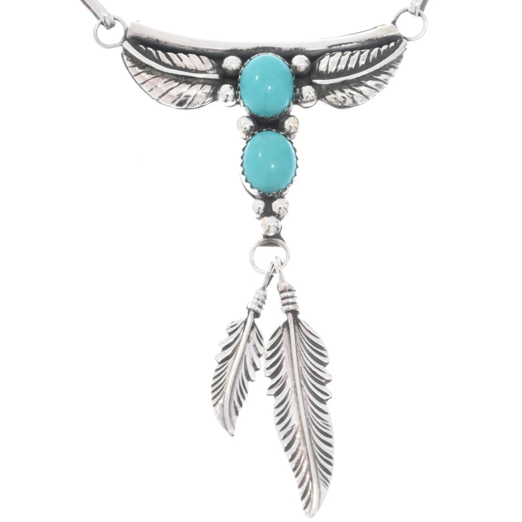 Collier navajo en Y avec turquoises Sonoran et plumes