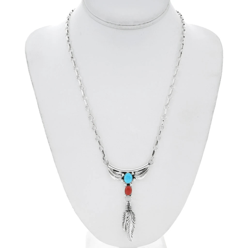 Collier navajo en Y avec turquoise Sonoran, corail et plumes