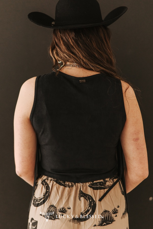 Haut sans manches à franges en suédine extensible Noir