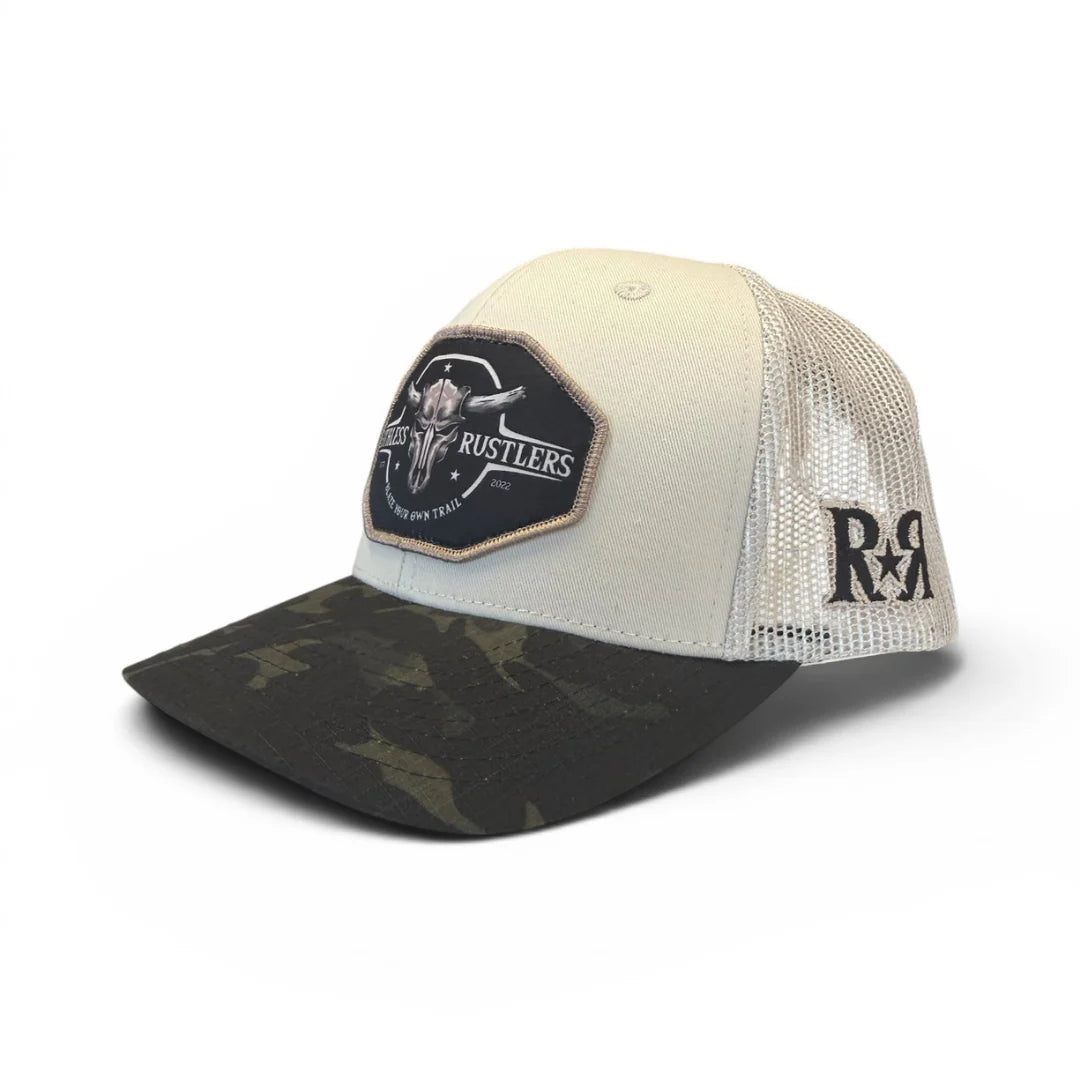 Ruthless Rustlers Barbed Wire Trucker Cap | Beige/Black Camo