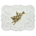 Boucle de ceinture western argentée festonnée avec cavalier de taureau