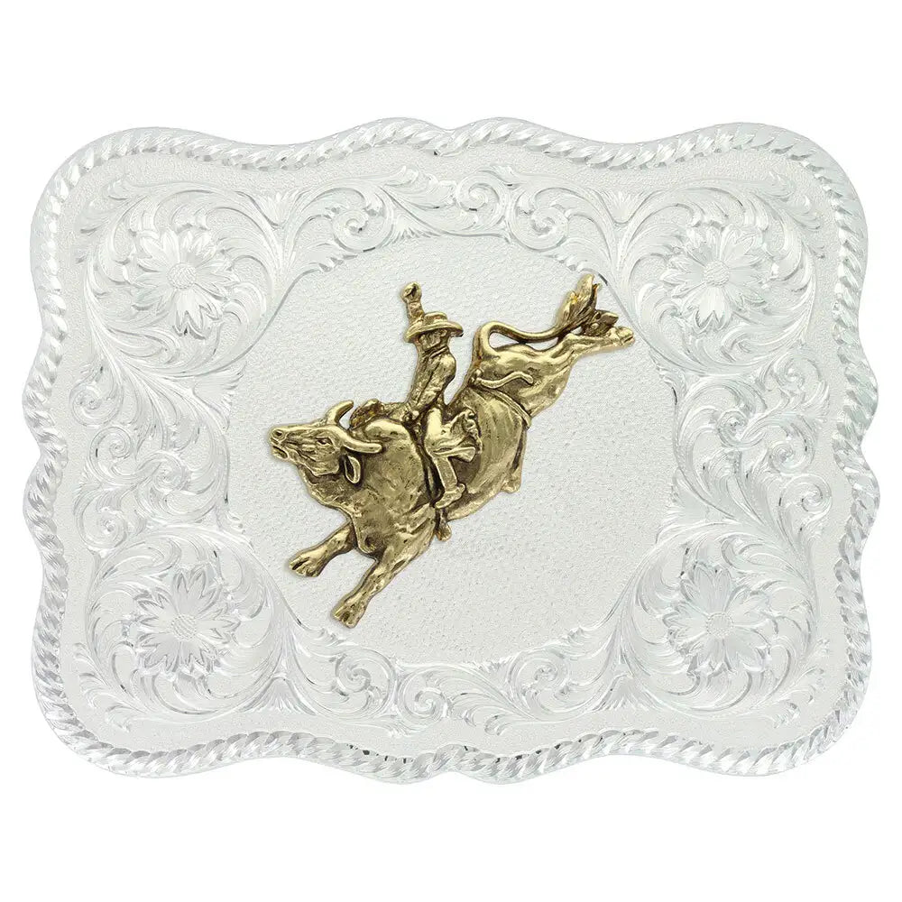 Boucle de ceinture western argentée festonnée avec cavalier de taureau