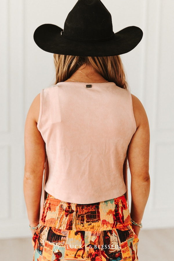 Haut sans manches à franges en suédine extensible Rose