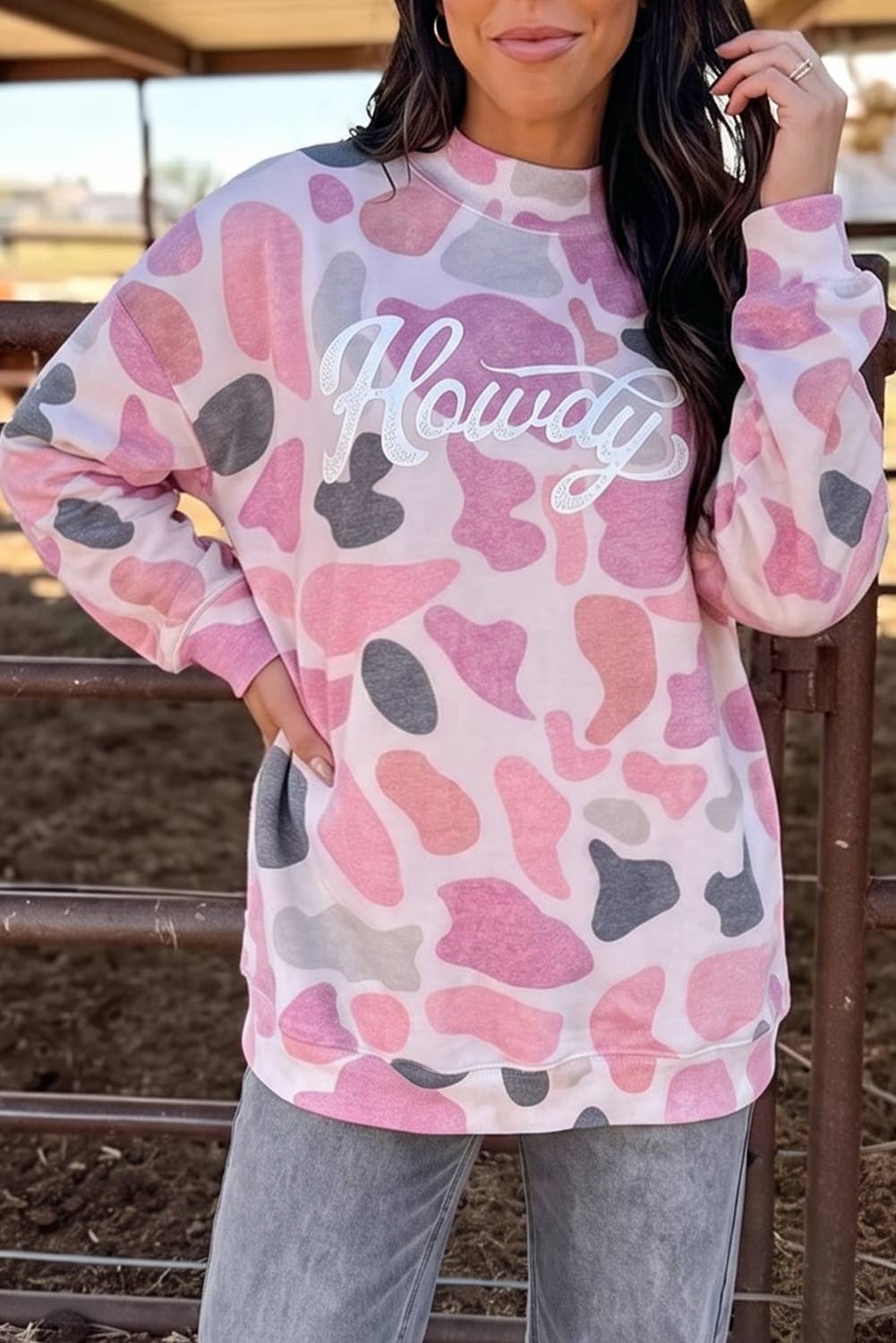 Sweat à col montant imprimé camouflage « Howdy Western », coupe ample: Rose / L