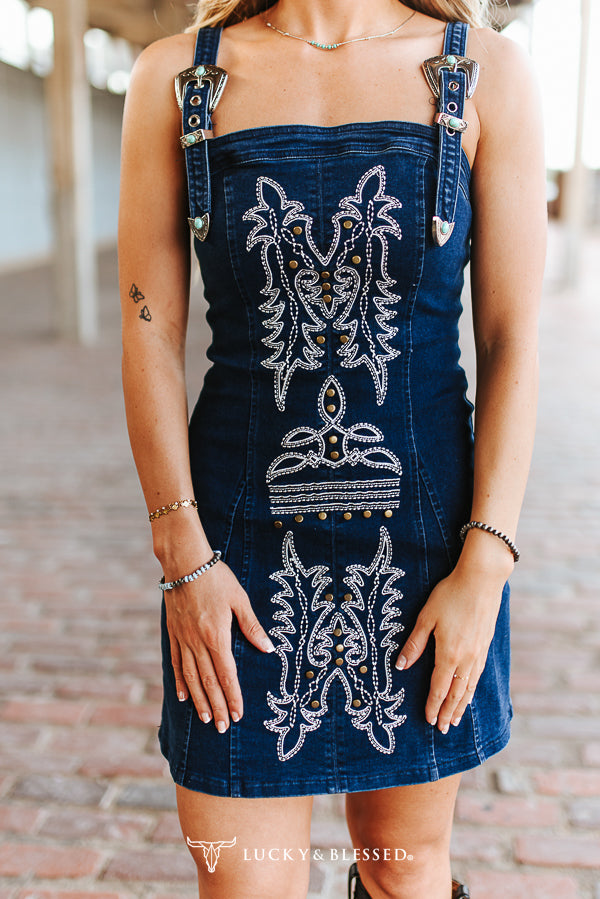 Robe en denim brodée – Indigo délavé moyen