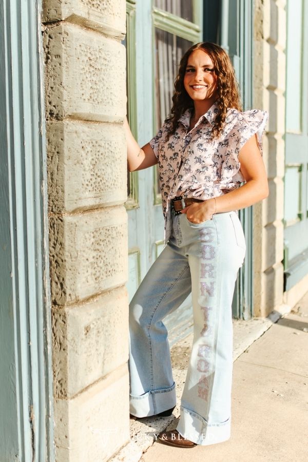 Jean western Born to Roam à strass – Denim pâle – Femme