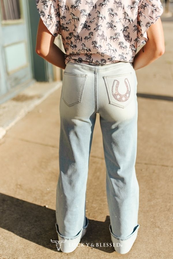 Jean western Born to Roam à strass – Denim pâle – Femme