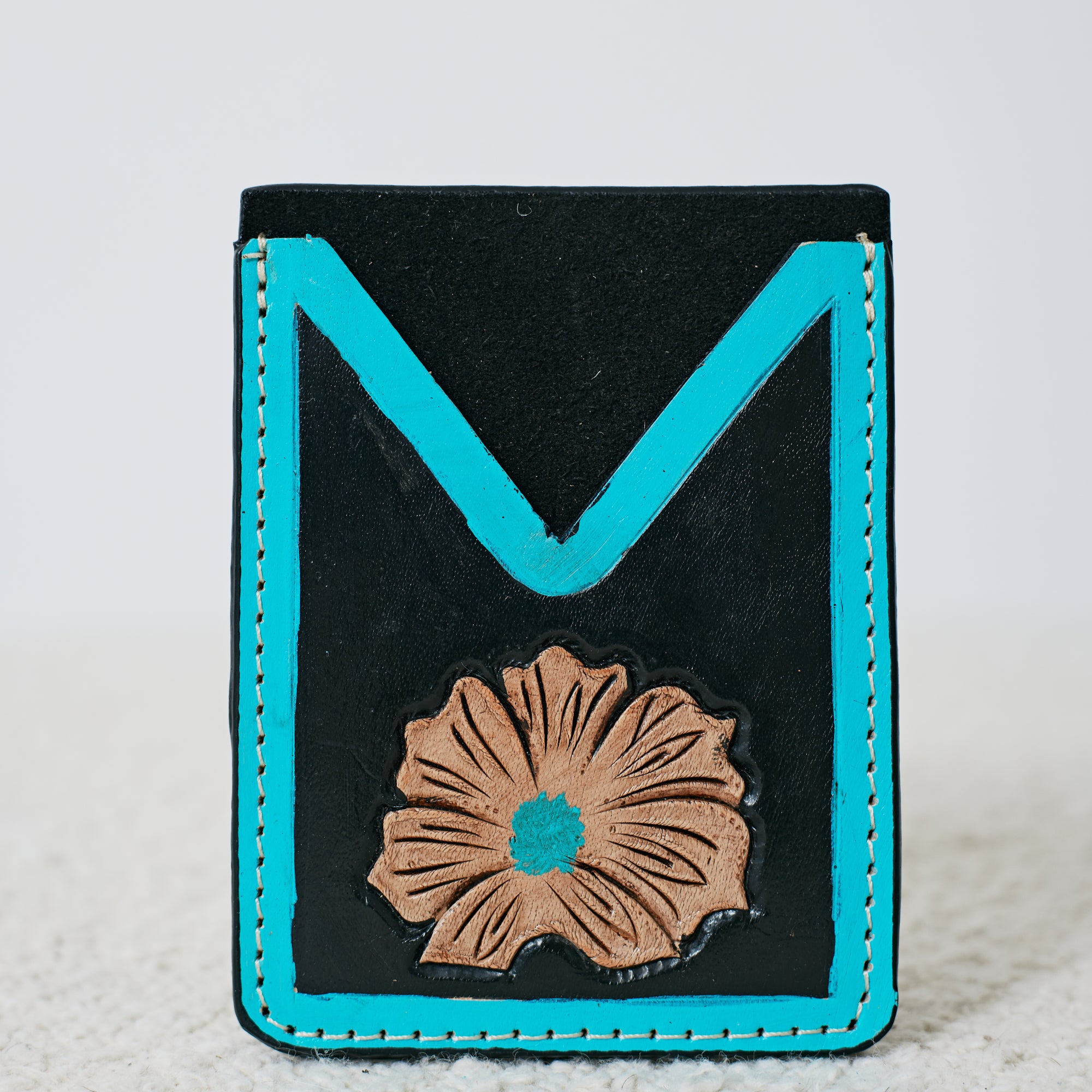 Porte-cartes western fleur turquoise