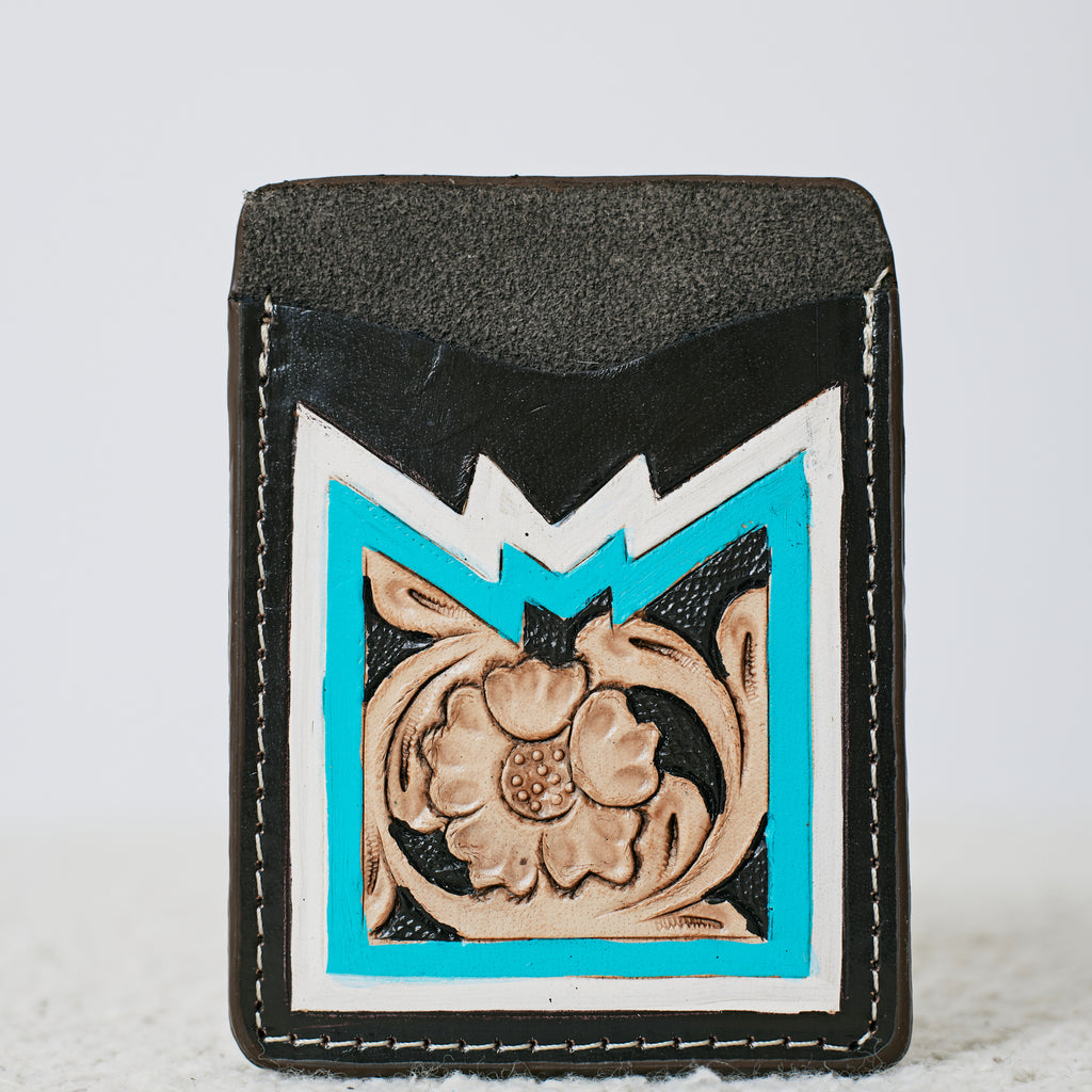 Porte-cartes western floral turquoise et blanc