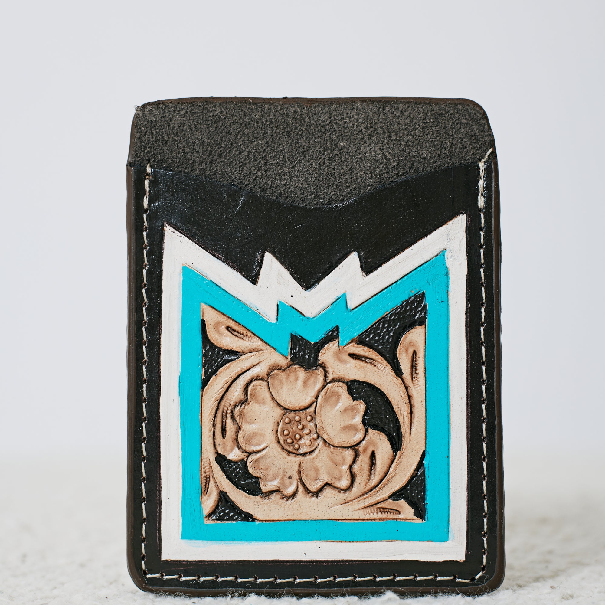 Porte-cartes western floral turquoise et blanc