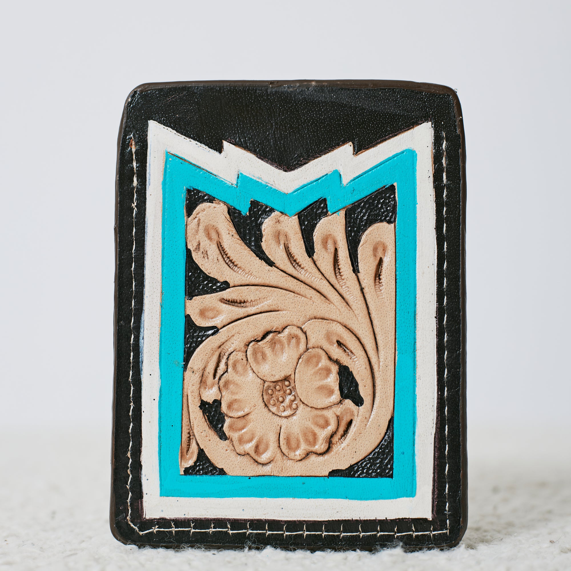 Porte-cartes western floral turquoise et blanc