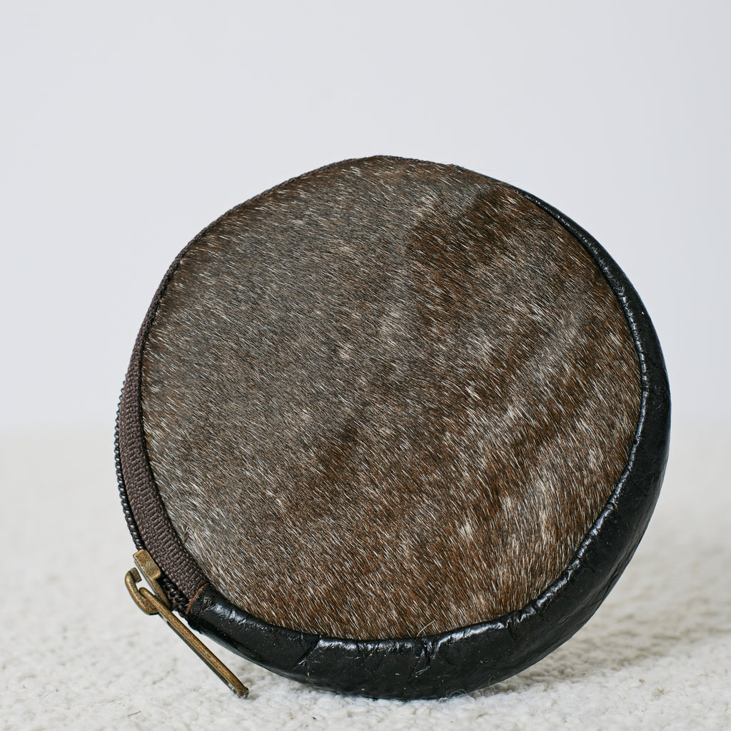 Porte-monnaie rond en cuir & poil véritable