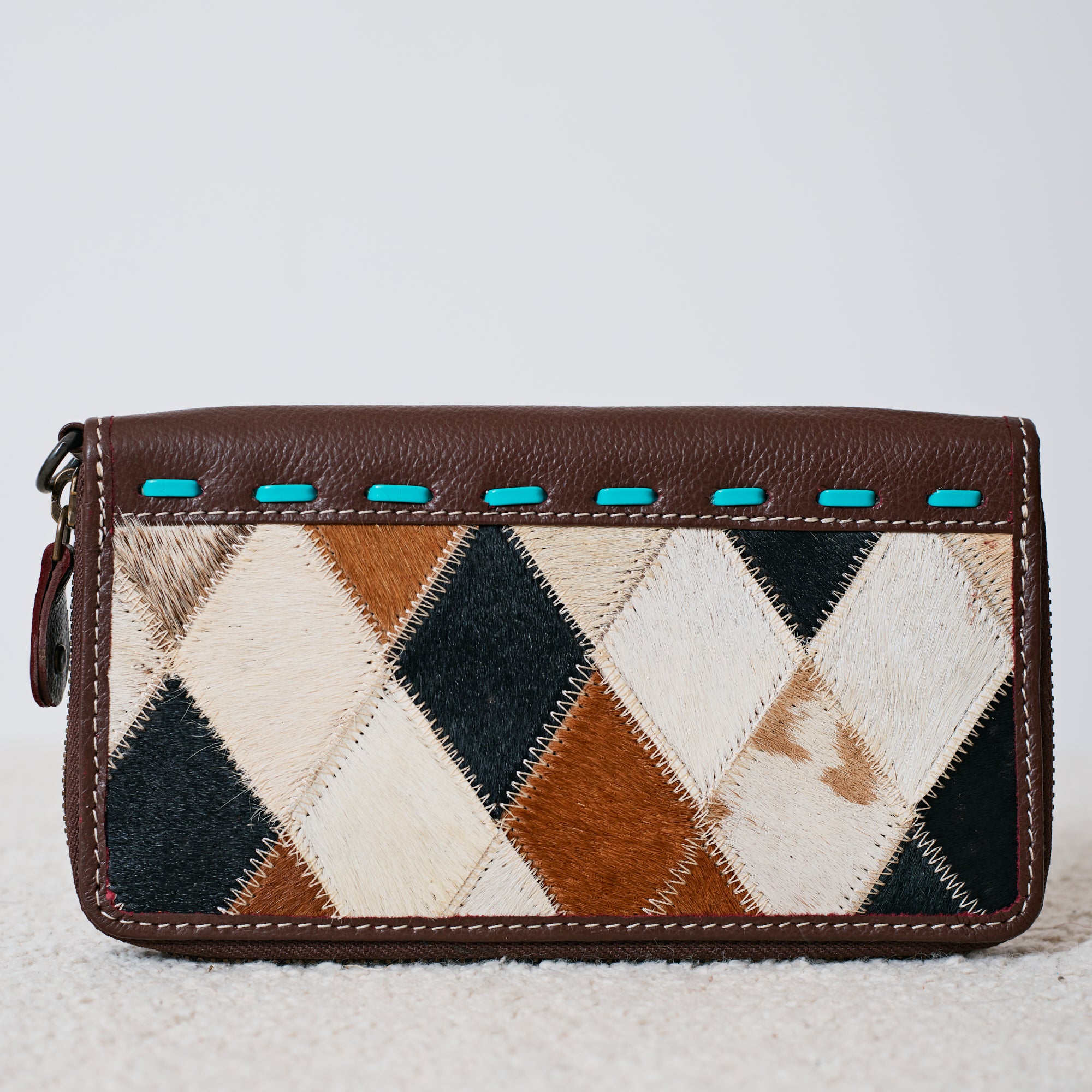 Portefeuille Western en cuir véritable et patchwork de peau de vache