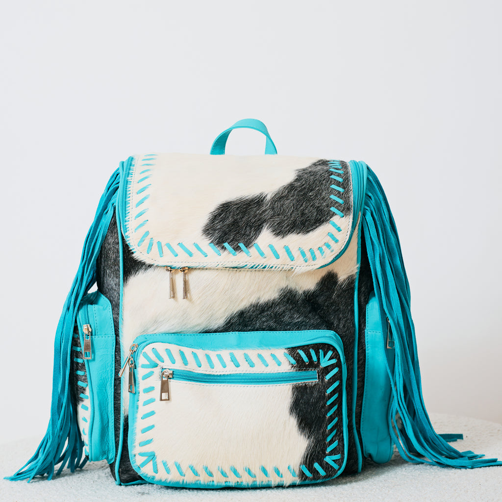 Sac à dos western turquoise à franges en cuir & poil véritable