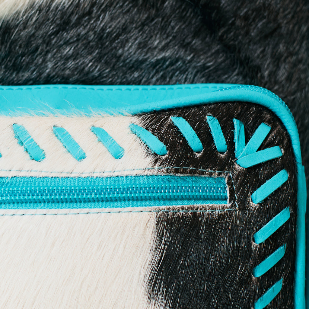 Sac à dos western turquoise à franges en cuir & poil véritable