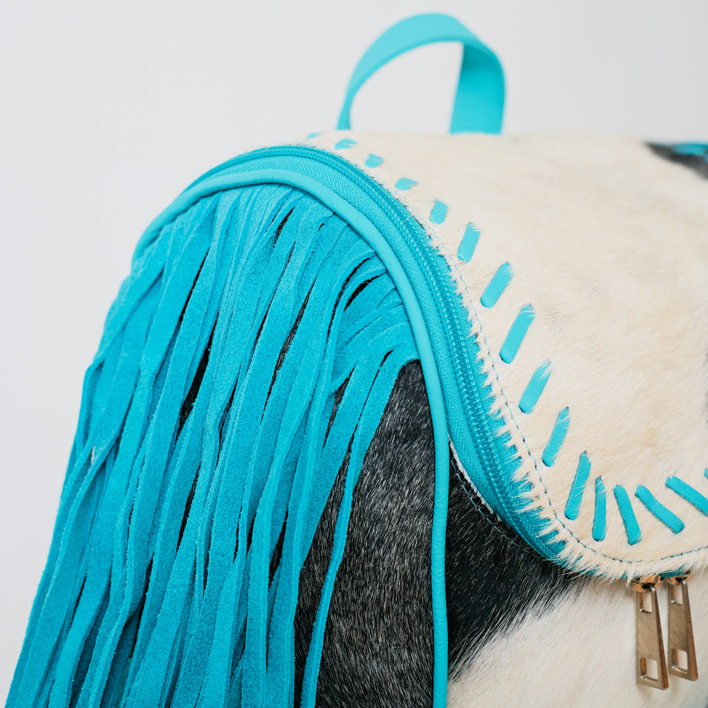 Sac à dos western turquoise à franges en cuir & poil véritable