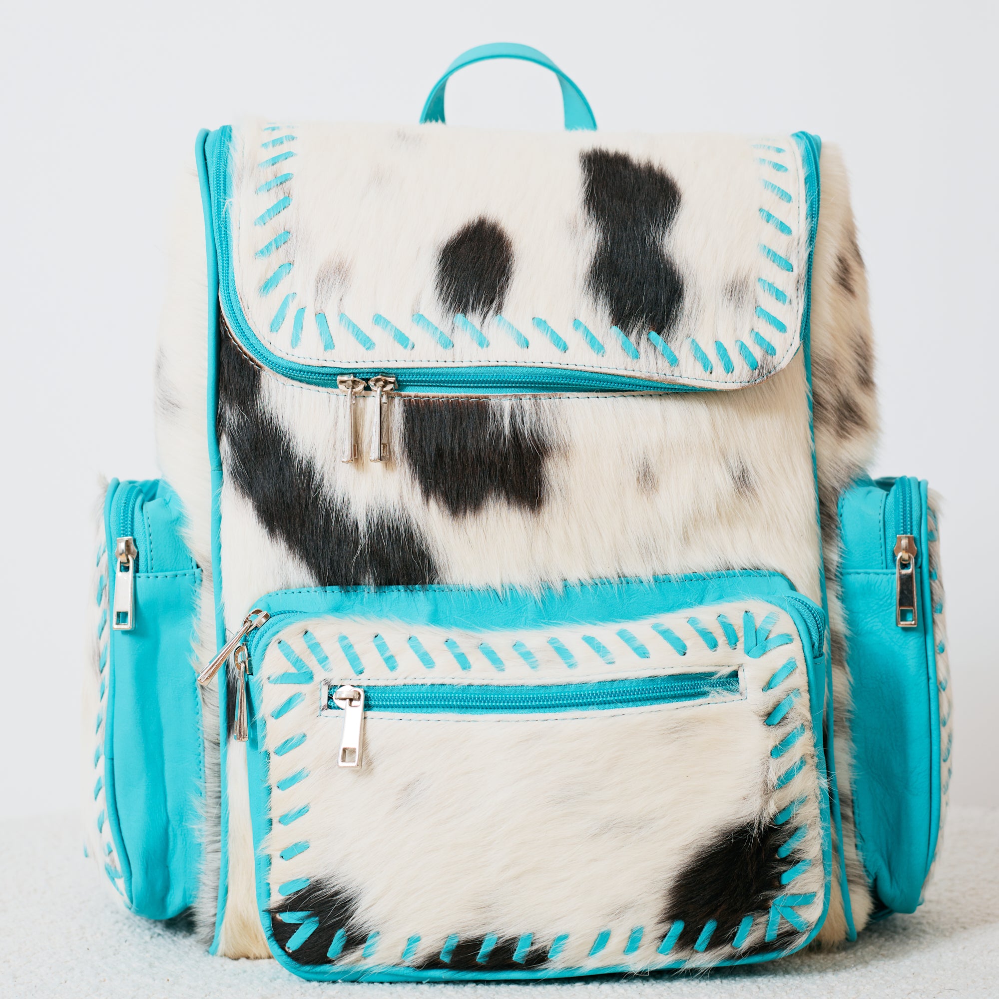 Sac à dos western turquoise en cuir & poil véritable