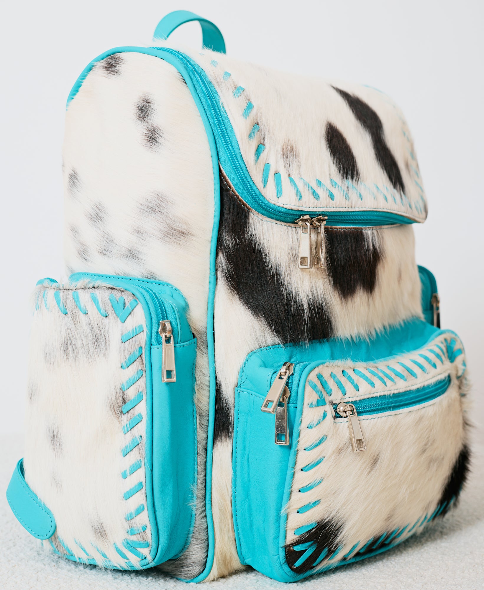 Sac à dos western turquoise en cuir & poil véritable