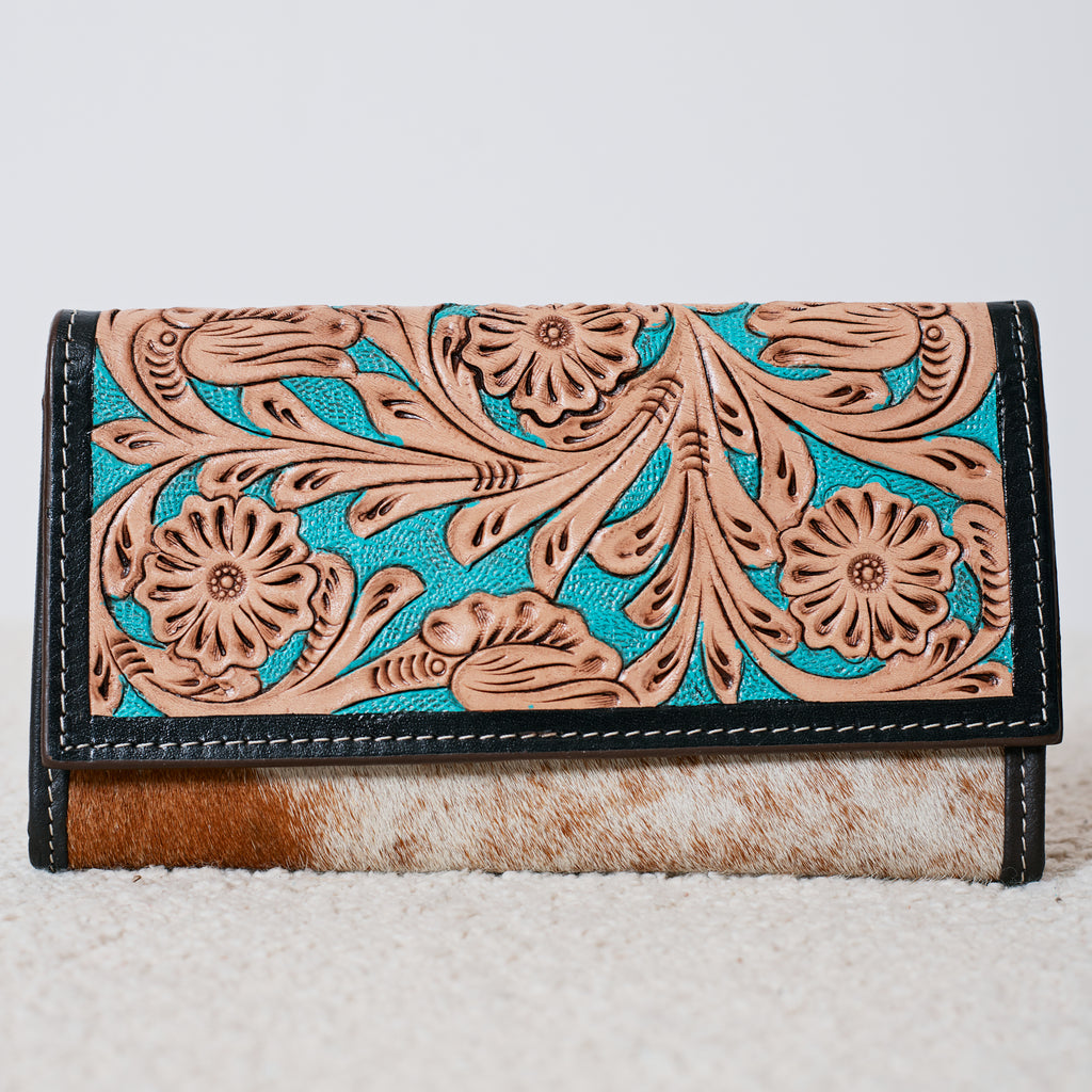 Genuine Leather and Cowhide Western Wallet – Turquoise Floral