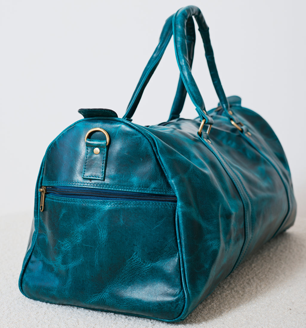 Sac duffle western turquoise en cuir véritable