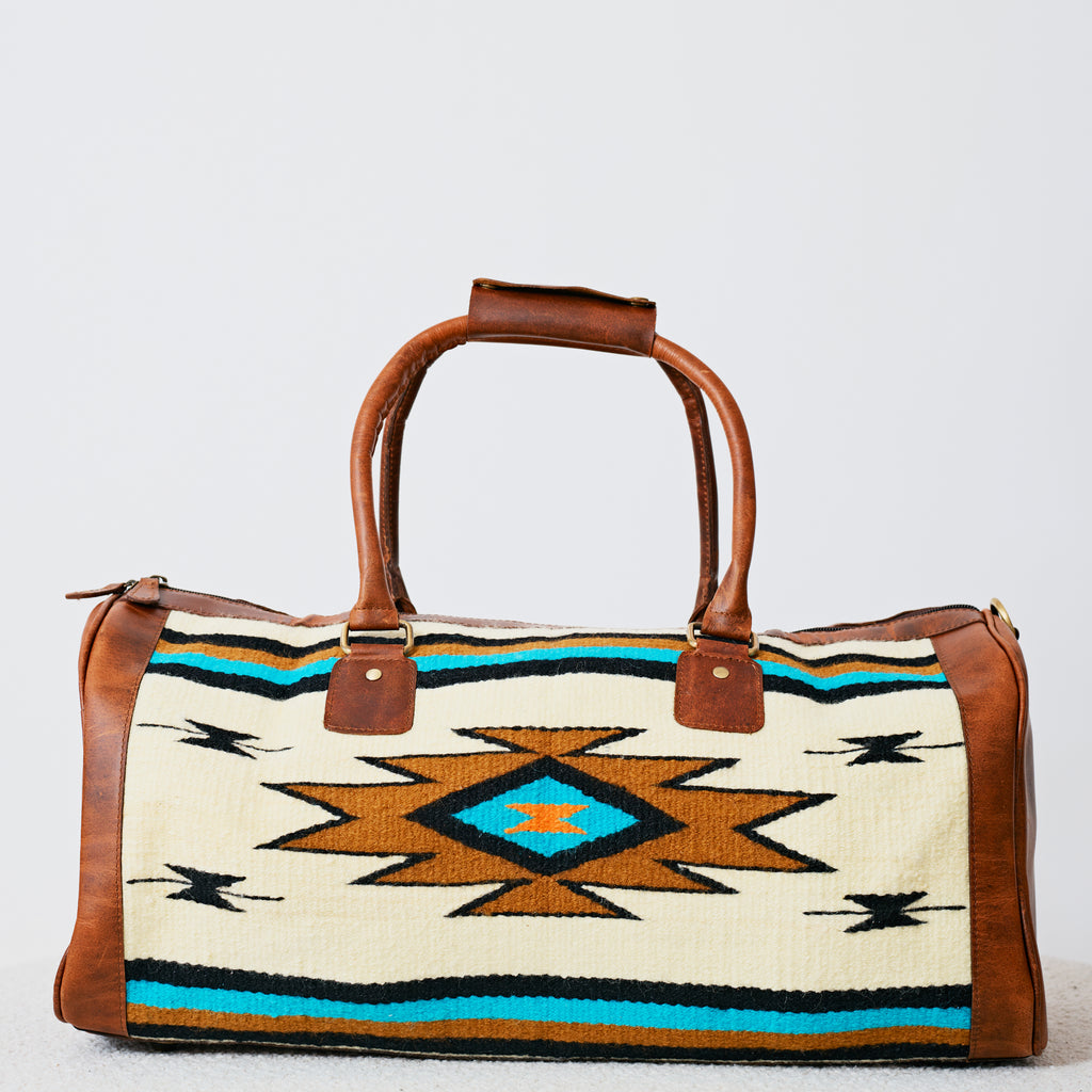 Sac duffle western Aztec crème, turquoise & cognac
