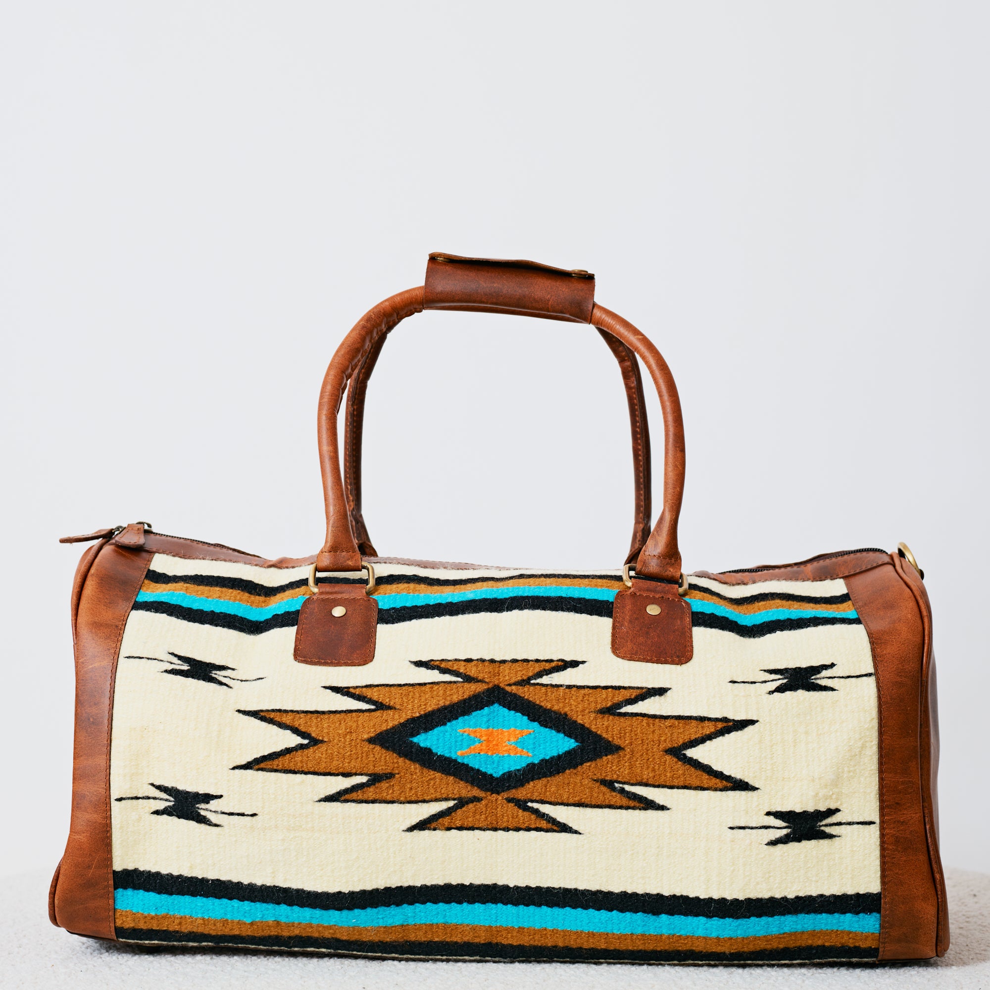 Sac duffle western Aztec crème, turquoise & cognac