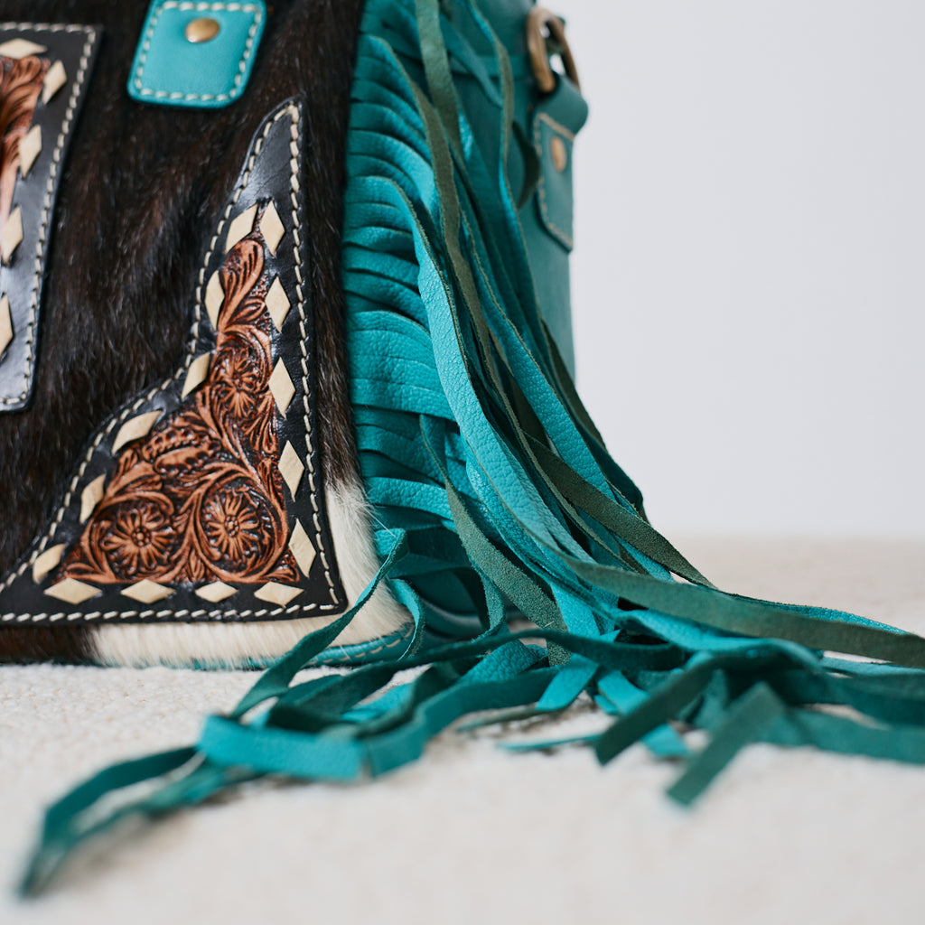 Sac à main western turquoise à franges
