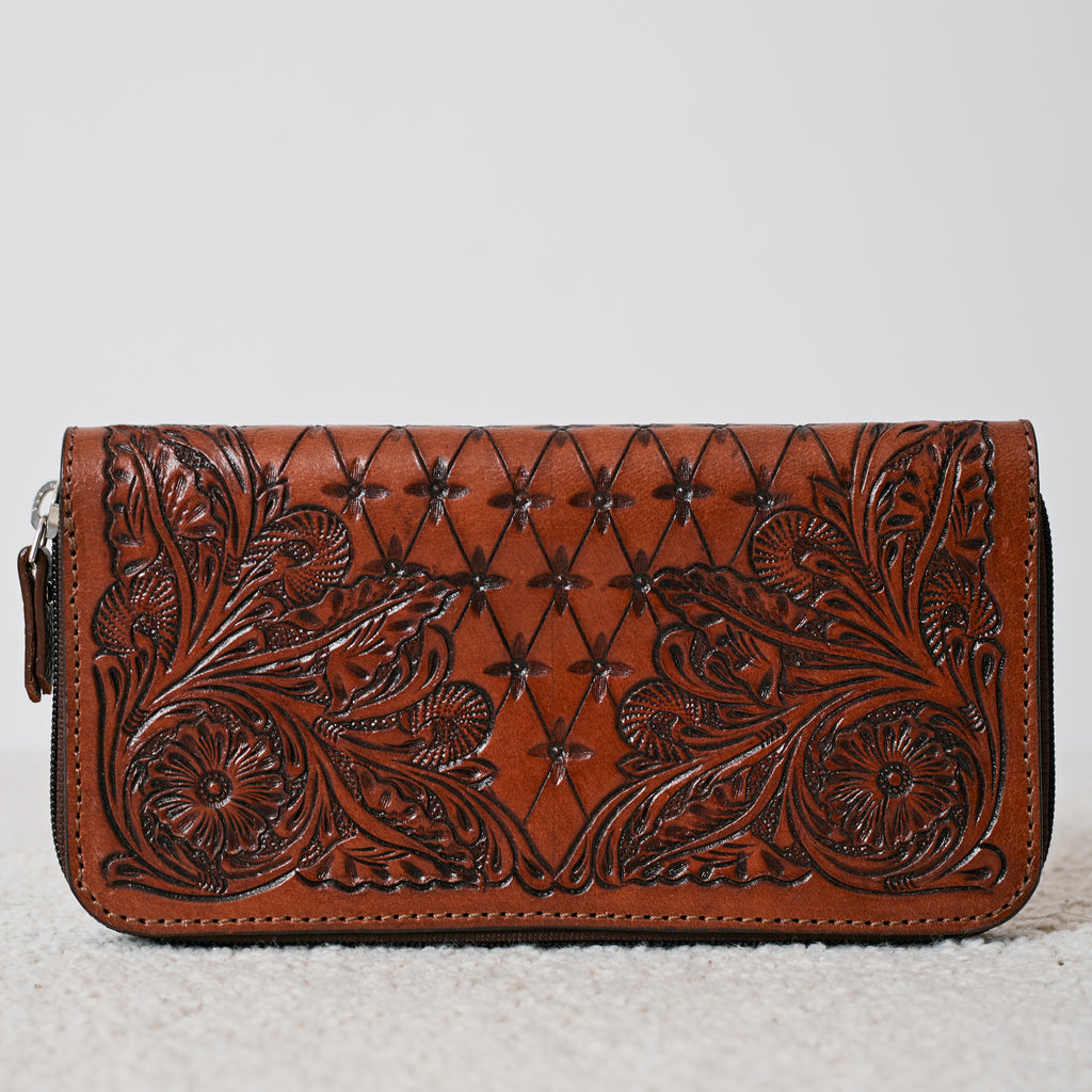 Portefeuille Western en cuir véritable embossé – Floral