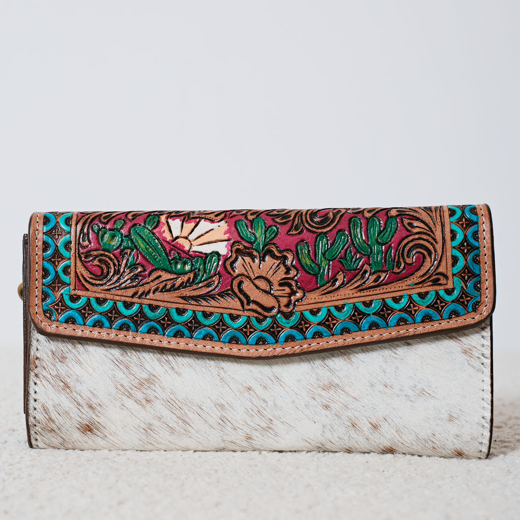 Portefeuille Western en cuir véritable et peau de vache – Desert Cactus