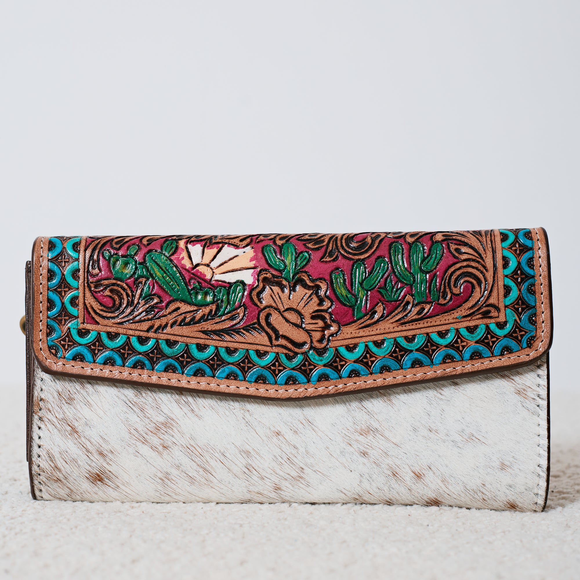 Portefeuille Western en cuir véritable et peau de vache – Desert Cactus