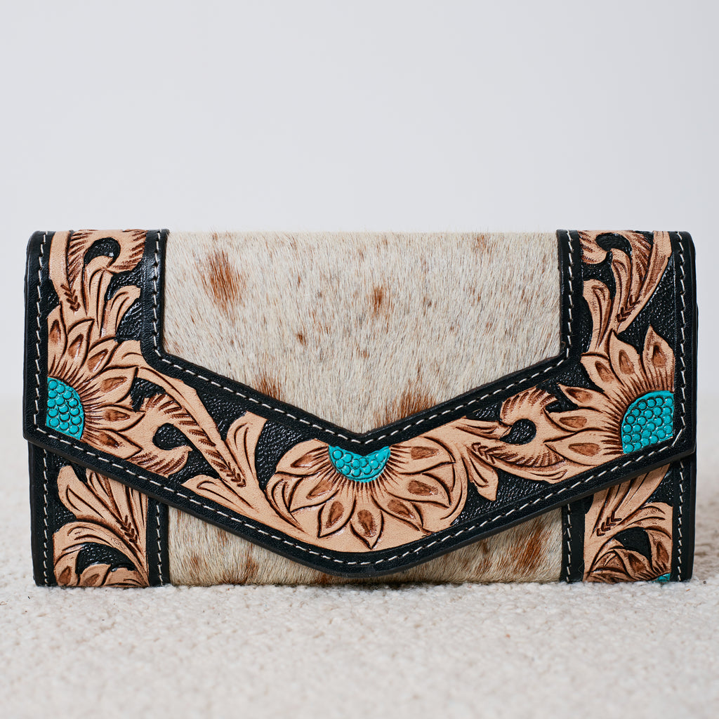 Portefeuille Western en cuir véritable et peau de vache – Turquoise Accent