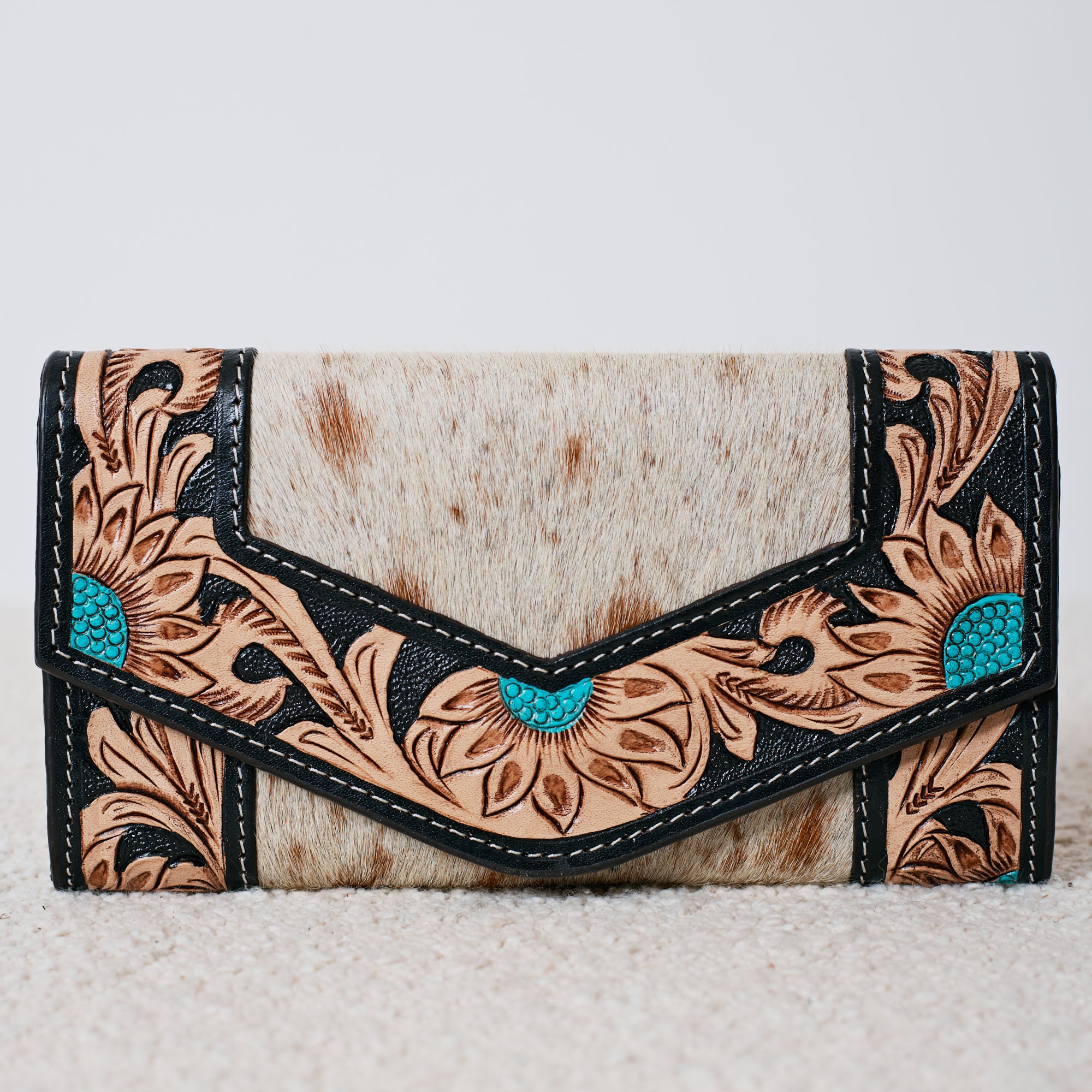 Portefeuille Western en cuir véritable et peau de vache – Turquoise Accent