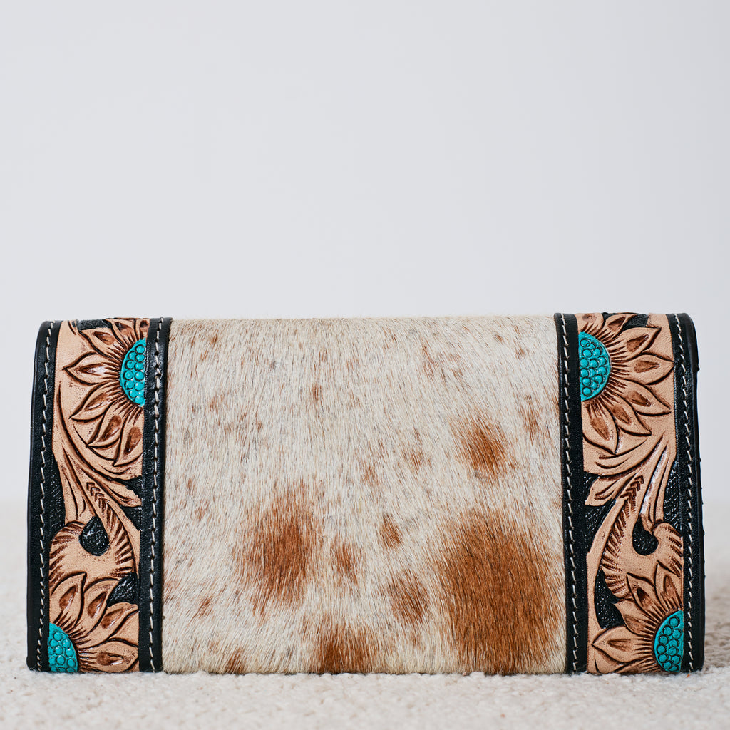 Portefeuille Western en cuir véritable et peau de vache – Turquoise Accent