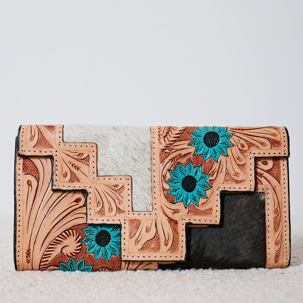 Genuine Leather and Cowhide Western Wallet – Turquoise Sunflower