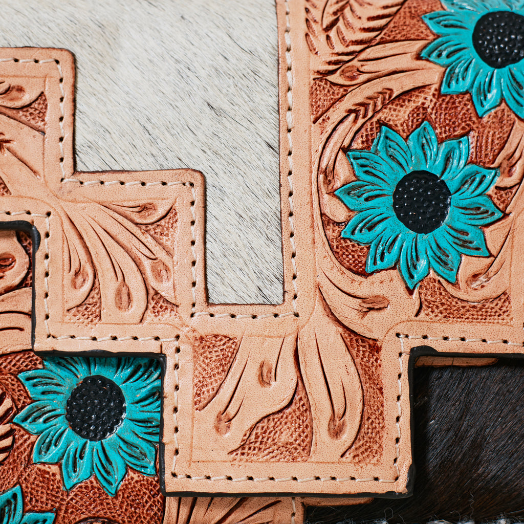 Genuine Leather and Cowhide Western Wallet – Turquoise Sunflower