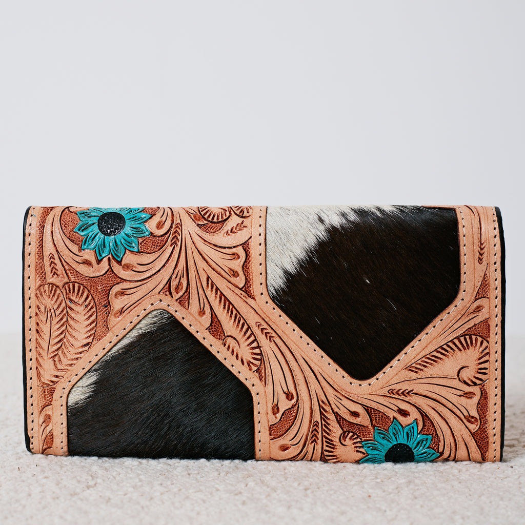 Genuine Leather and Cowhide Western Wallet – Turquoise Sunflower