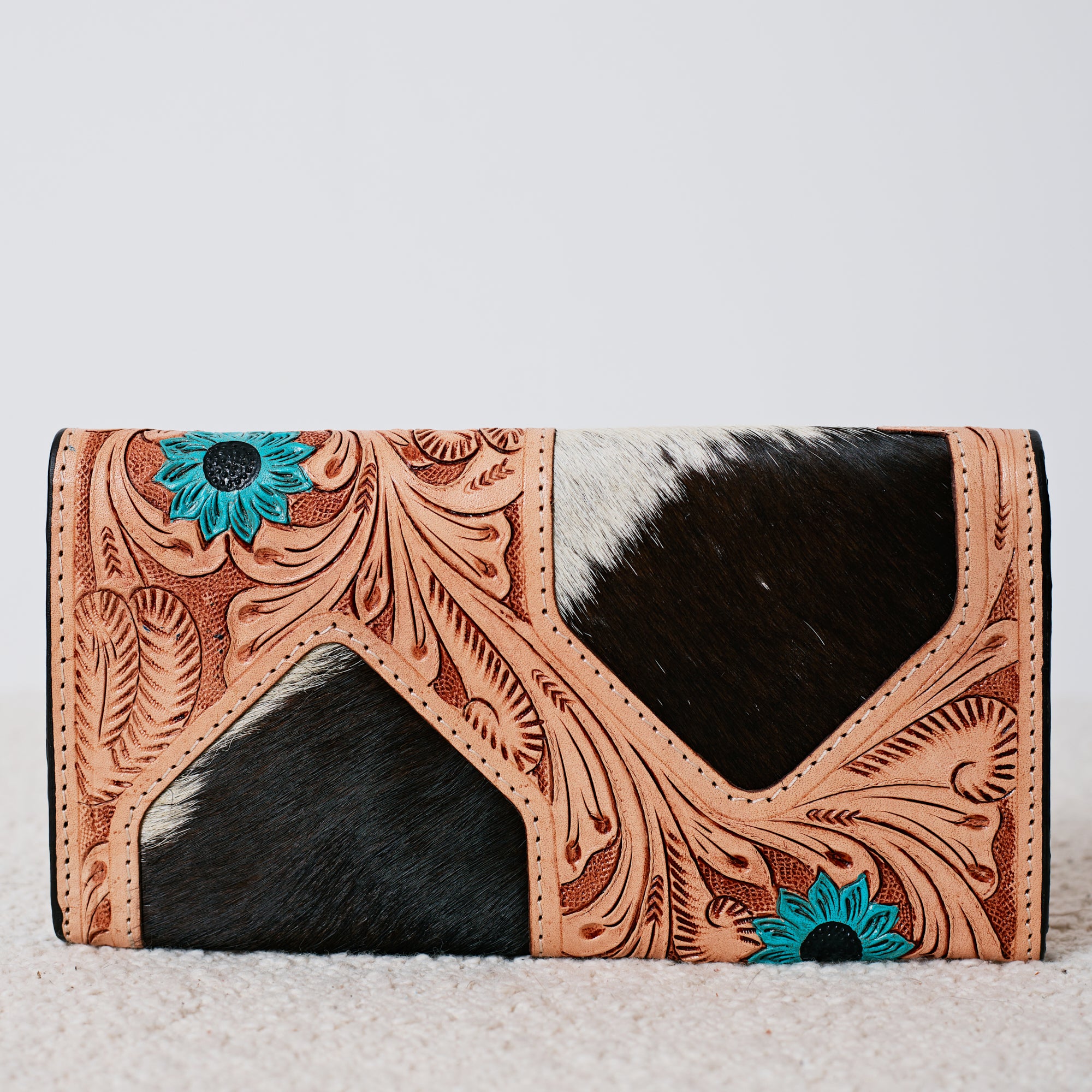 Genuine Leather and Cowhide Western Wallet – Turquoise Sunflower