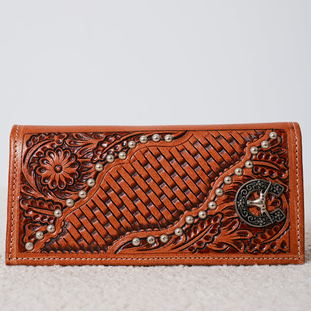 Embossed Genuine Leather Western Wallet – Basketweave Studded
