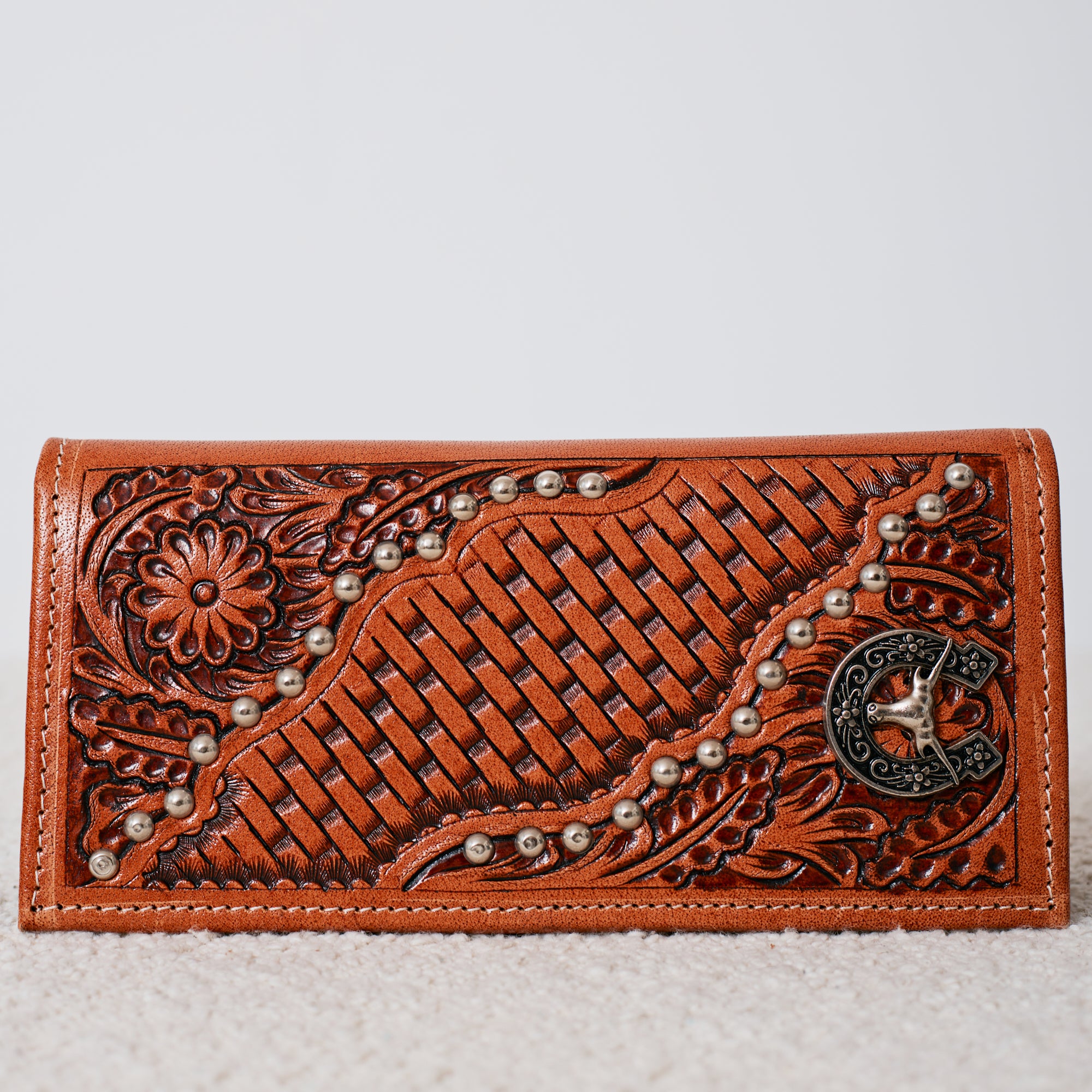 Embossed Genuine Leather Western Wallet – Basketweave Studded