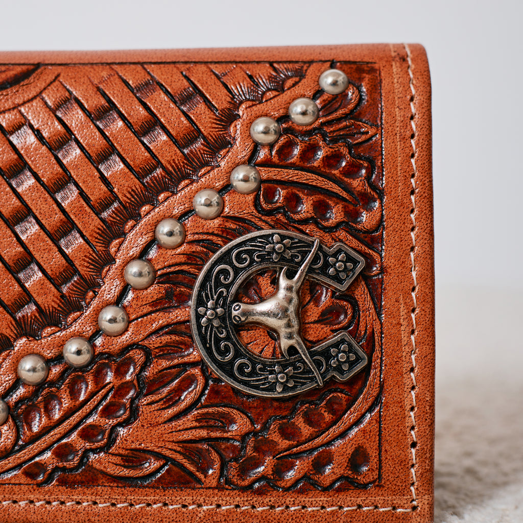 Embossed Genuine Leather Western Wallet – Basketweave Studded