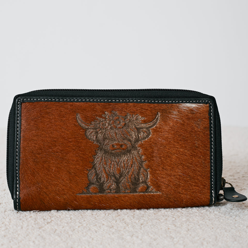Portefeuille Western en cuir véritable et peau de vache – Highland Cow