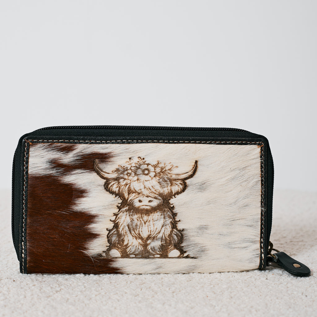 Portefeuille Western en cuir véritable et peau de vache – Highland Cow