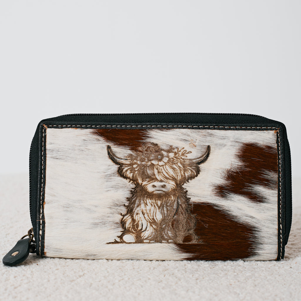 Portefeuille Western en cuir véritable et peau de vache – Highland Cow