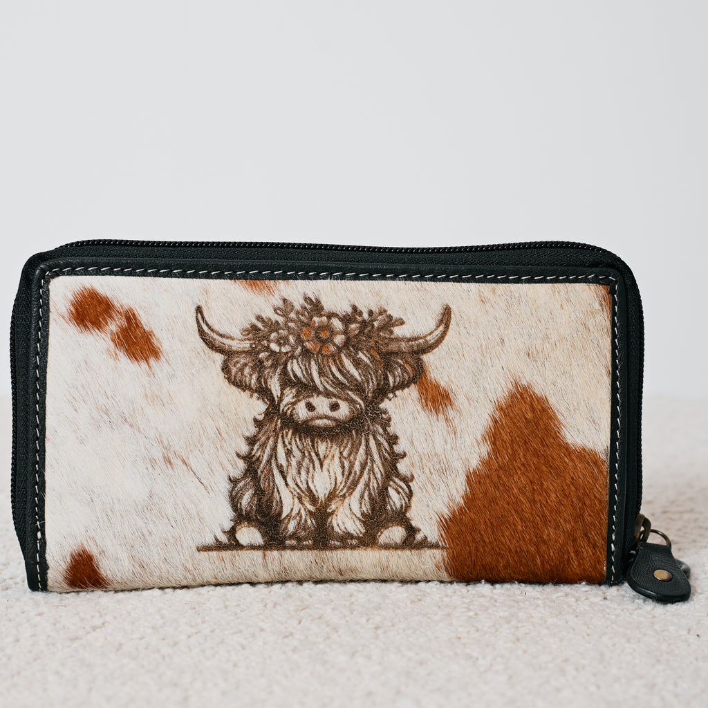 Portefeuille Western en cuir véritable et peau de vache – Highland Cow