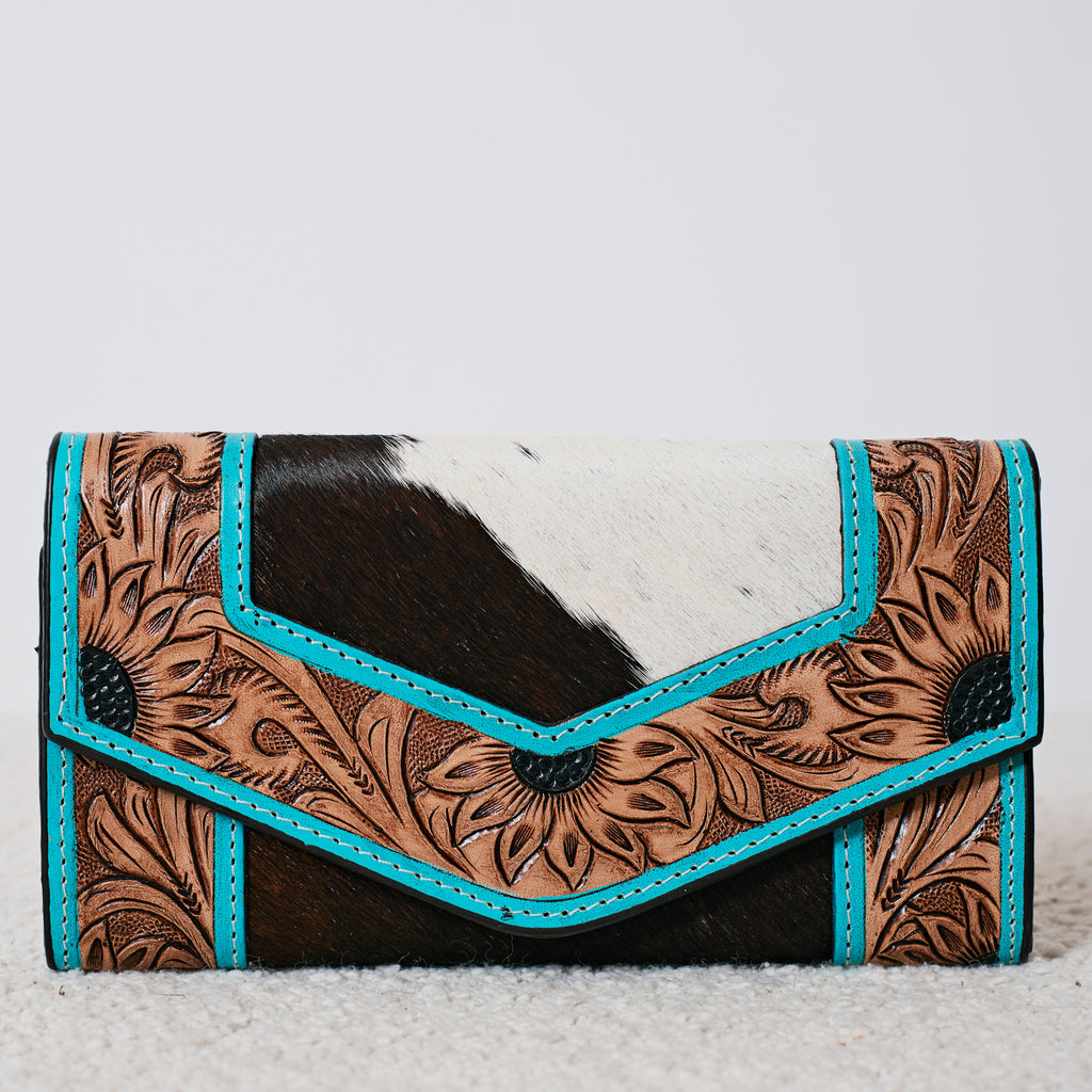 Portefeuille Western en cuir véritable et peau de vache – Turquoise Floral Cowhide