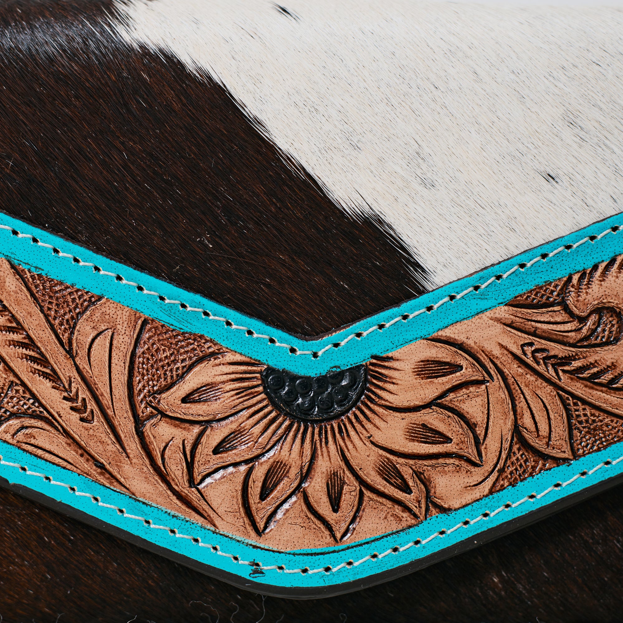 Portefeuille Western en cuir véritable et peau de vache – Turquoise Floral Cowhide