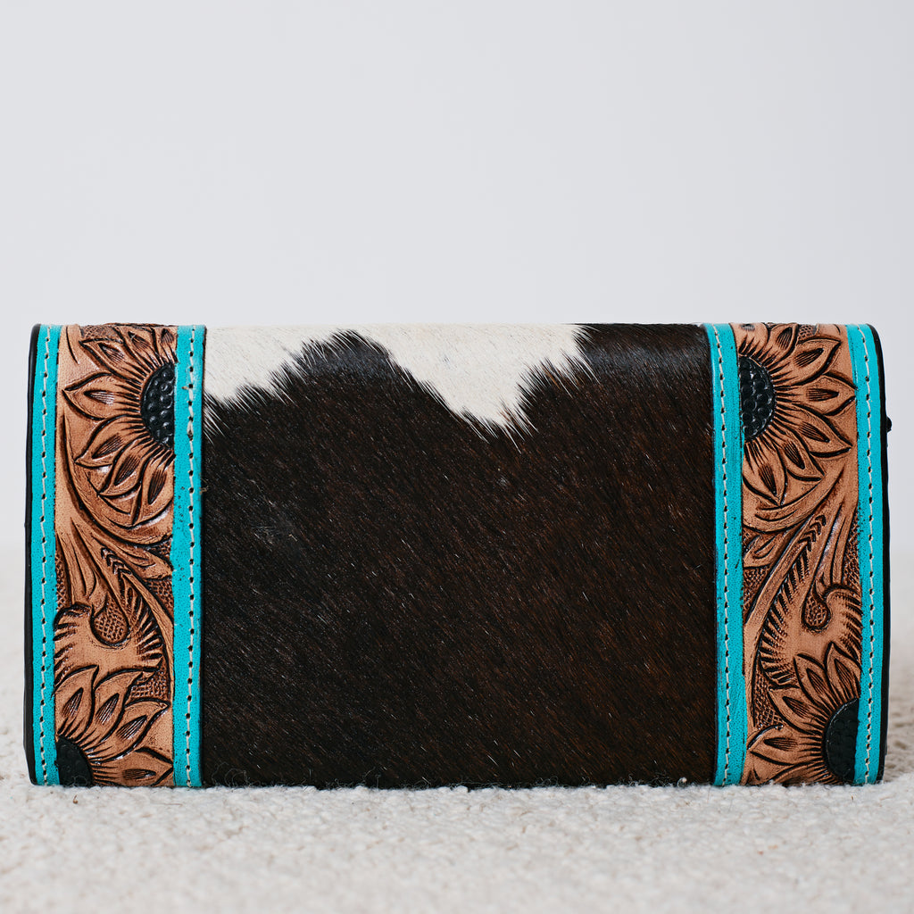 Portefeuille Western en cuir véritable et peau de vache – Turquoise Floral Cowhide