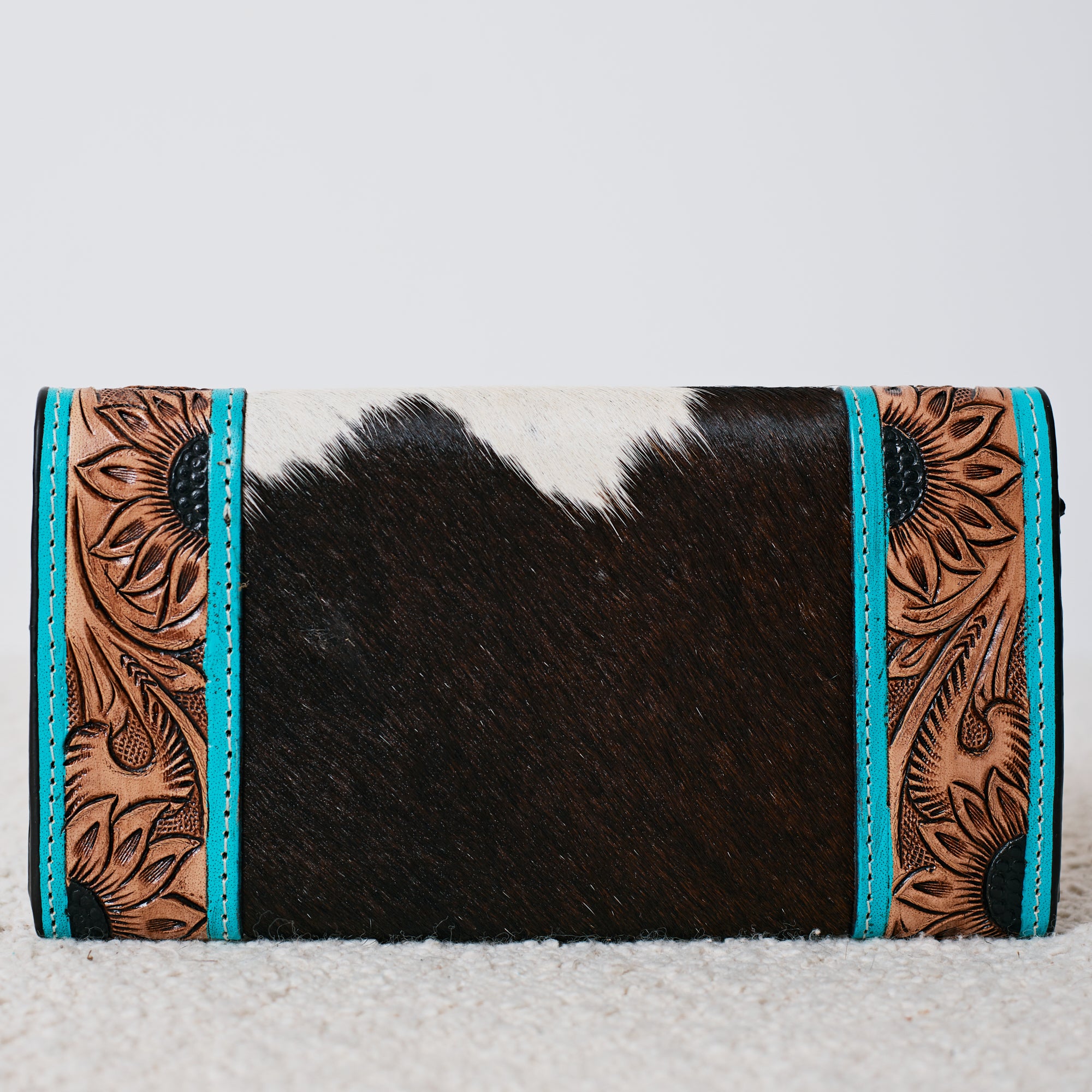 Portefeuille Western en cuir véritable et peau de vache – Turquoise Floral Cowhide