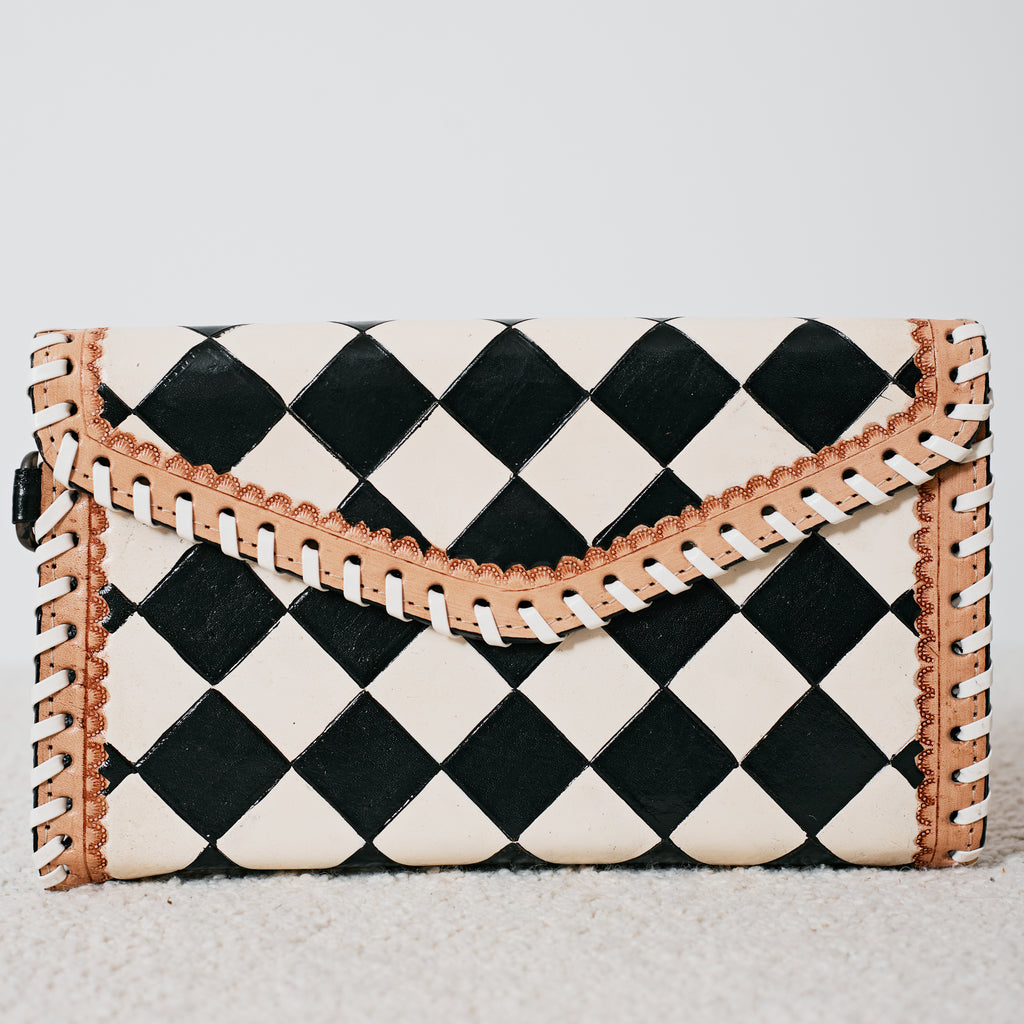 Sac à main western en cuir véritable – Harlequin Noir & Blanc